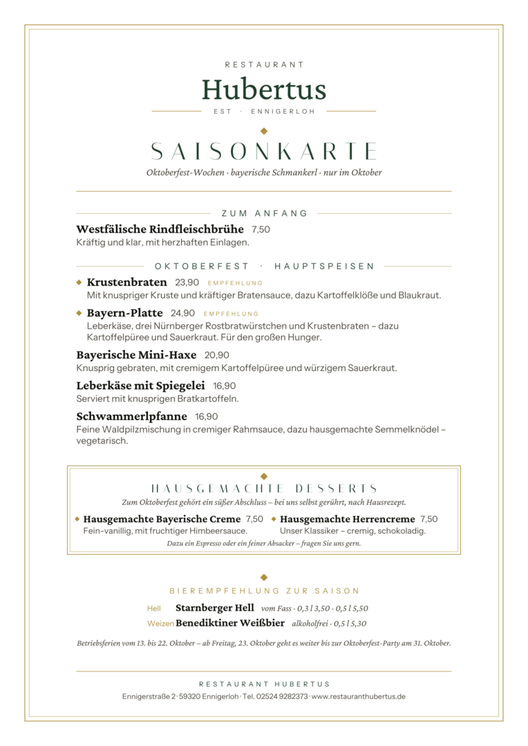 Saisonkarte Restaurant Hubertus Ennigerloh – Oktoberfest-Wochen Oktober 2026