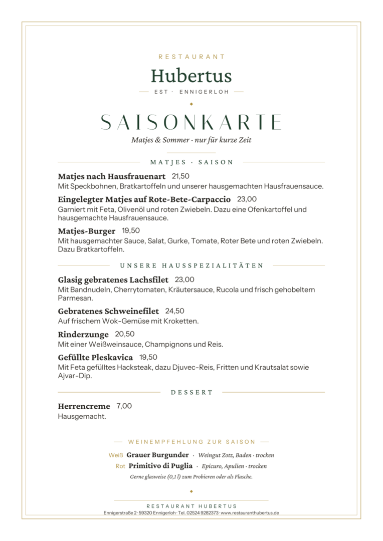 Saisonkarte Restaurant Hubertus Ennigerloh – Matjes & Sommer mit Weinempfehlung