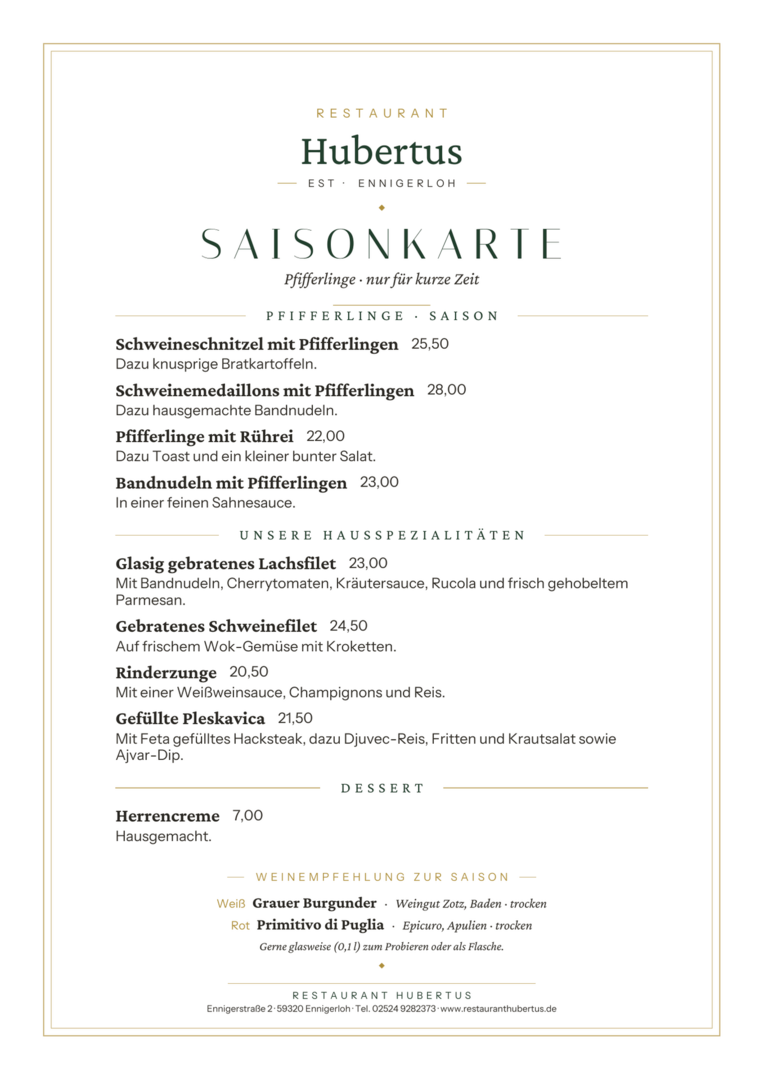 Saisonkarte Restaurant Hubertus Ennigerloh – Pfifferlinge